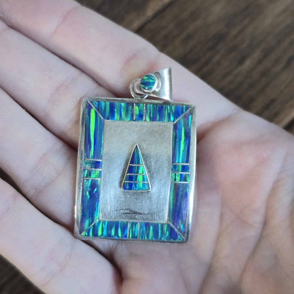 Blue Zuni Opal Navajo Sterling Silver Inlay Pendant